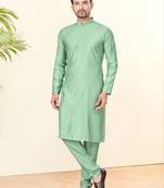 Light green silk plain kurta pyjama for mens wear