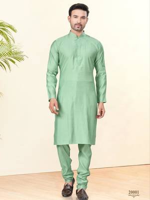Light green silk plain kurta pyjama for mens wear 2