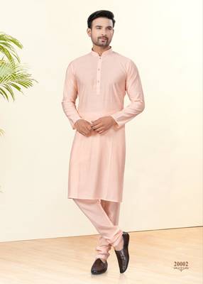 Peach silk plain kurta pyjama for mens wear 1