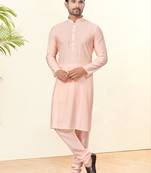 Peach silk plain kurta pyjama for mens wear