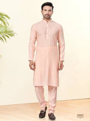 Peach silk plain kurta pyjama for mens wear 2