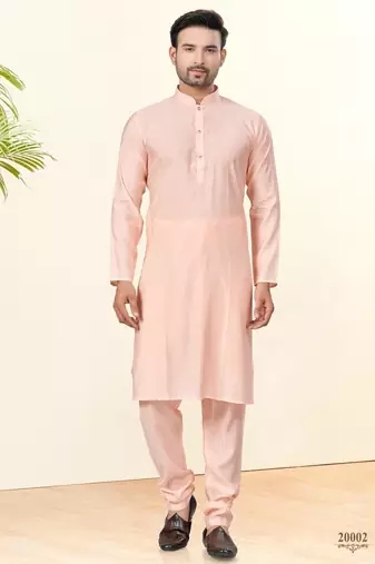 Peach silk plain kurta pyjama for mens wear