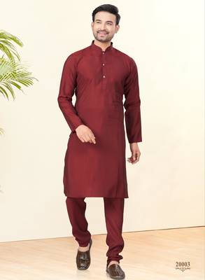 Maroon silk plain kurta pyjama for mens wear 1