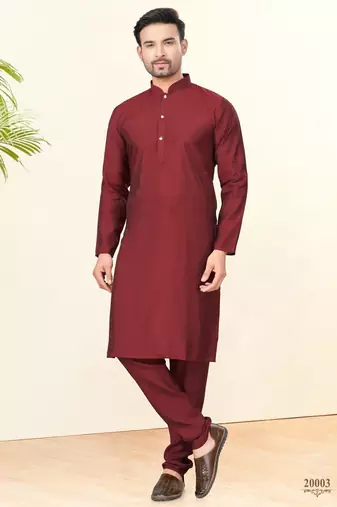 Maroon silk plain kurta pyjama for mens wear