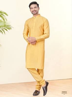 Yellow silk plain kurta pyjama for mens wear 1