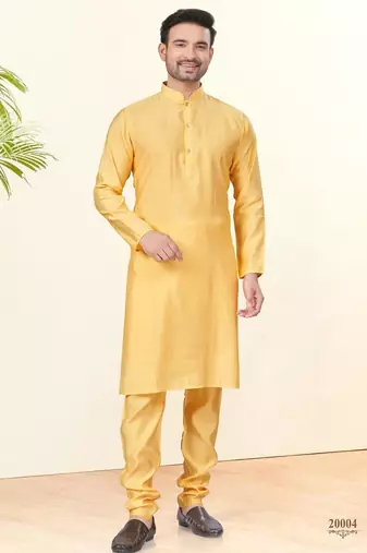 Yellow silk plain kurta pyjama for mens wear