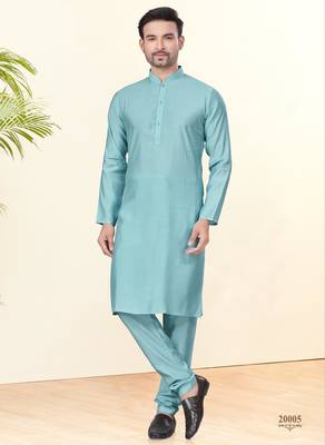 Sky blue silk plain kurta pyjama for mens wear 1