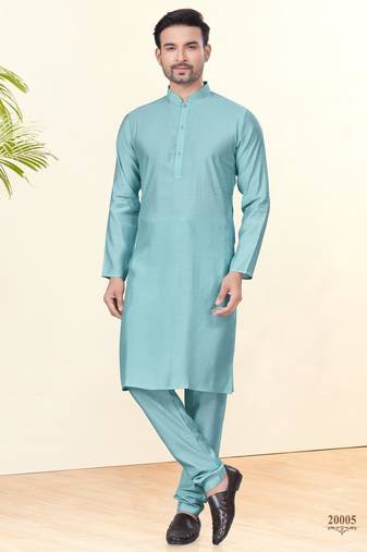 Sky blue silk plain kurta pyjama for mens wear