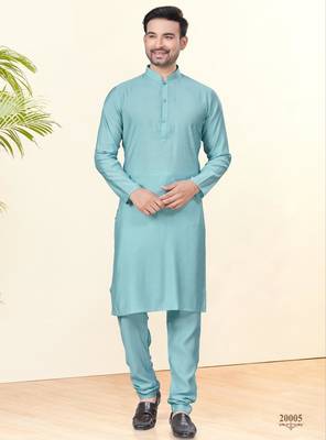Sky blue silk plain kurta pyjama for mens wear 2