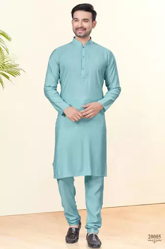 Sky blue silk plain kurta pyjama for mens wear