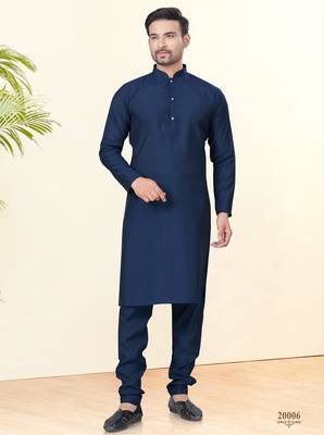 navy blue silk plain kurta pyjama 1