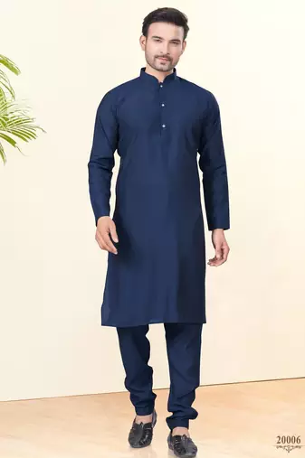 navy blue silk plain kurta pyjama