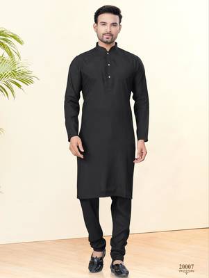 Black silk plain kurta pyjama for mens wear 1
