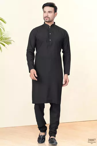 Black silk plain kurta pyjama for mens wear