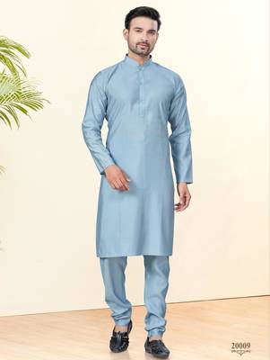 Blue silk plain kurta pyjama for mens wear 1