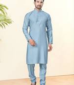 Blue silk plain kurta pyjama for mens wear