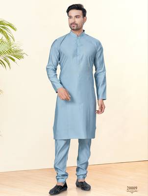 Blue silk plain kurta pyjama for mens wear 2