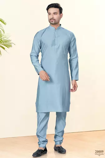 Blue silk plain kurta pyjama for mens wear