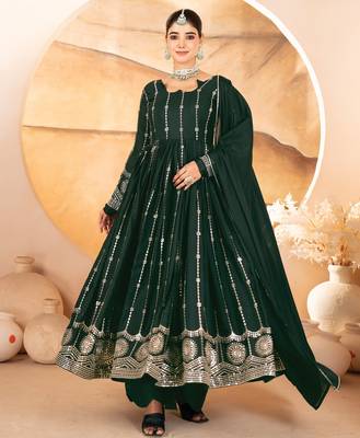 DARK GREEN Georgette EMBROIDERY PARTY WEAR SUIT SET  1