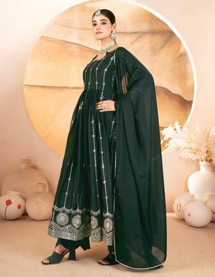 DARK GREEN Georgette EMBROIDERY PARTY WEAR SUIT SET  3