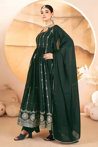 DARK GREEN Georgette EMBROIDERY PARTY WEAR SUIT SET 
