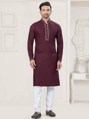 Maroon pure cotton embroidery and pintex work kurta pyjama mens wear 1