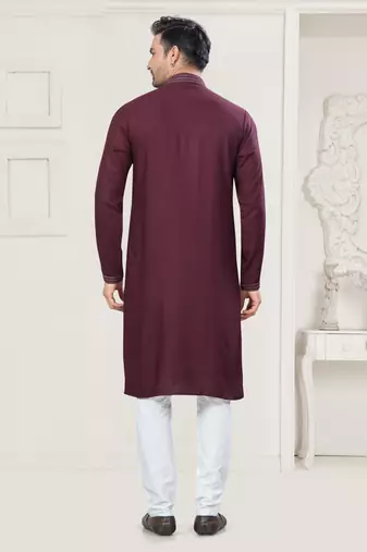 Maroon pure cotton embroidery and pintex work kurta pyjama mens wear