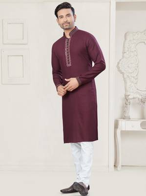 Maroon pure cotton embroidery and pintex work kurta pyjama mens wear 3