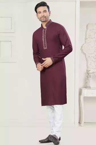 Maroon pure cotton embroidery and pintex work kurta pyjama mens wear