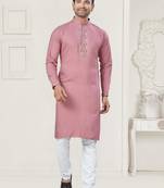 Pink pure cotton embroidery and pintex work kurta pyjama mens wear