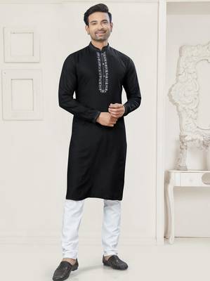 Black pure cotton embroidery and pintex work kurta pyjama mens wear 1