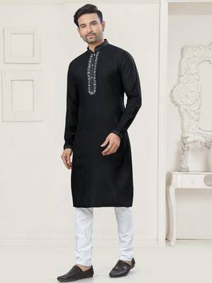 Black pure cotton embroidery and pintex work kurta pyjama mens wear 3