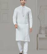 White pure cotton embroidery and pintex work kurta pyjama mens wear