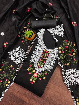 Black floral embroidered chanderi cotton salwar suit material 1