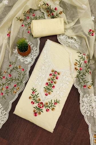 Cream floral embroidered chanderi cotton salwar suit material