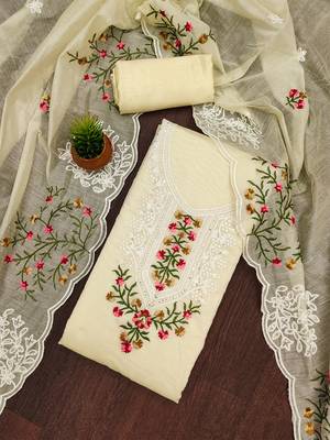 Cream floral embroidered chanderi cotton salwar suit material 1