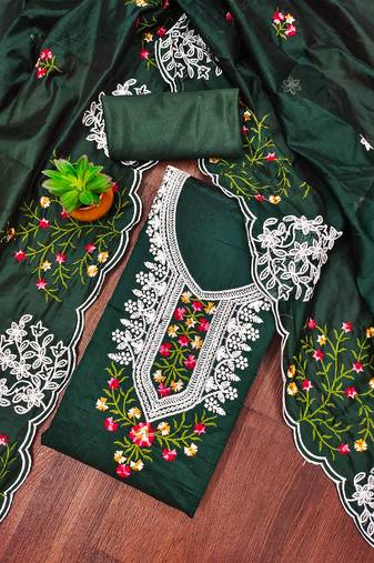 Dark green embroidered chanderi cotton salwar suit material