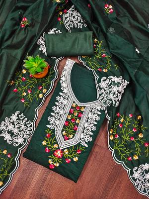 Dark green embroidered chanderi cotton salwar suit material 1