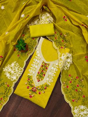 Lemon green floral embroidered chanderi cotton salwar suit material 1