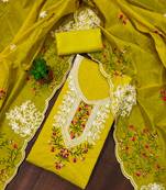 Lemon green floral embroidered chanderi cotton salwar suit material