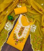 Mustard yellow floral embroidered chanderi cotton salwar suit material