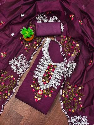 Purple floral embroidered chanderi cotton salwar suit material 1
