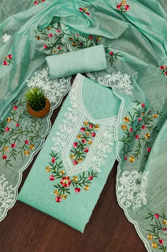 Sea green floral embroidered chanderi cotton salwar suit material