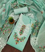 Sea green floral embroidered chanderi cotton salwar suit material