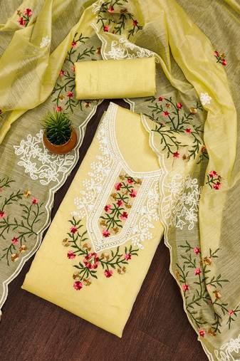 Yellow floral embroidered chanderi cotton salwar suit material