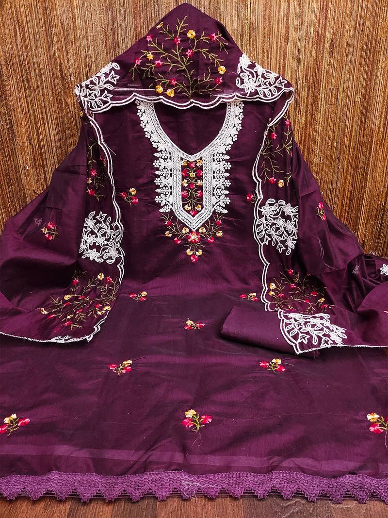 Purple floral embroidered chanderi cotton salwar suit material