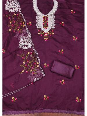 Purple floral embroidered chanderi cotton salwar suit material 3