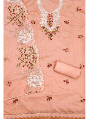 Peach floral embroidered chanderi cotton salwar suit material 3