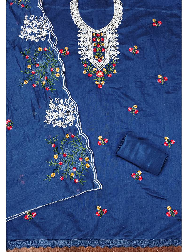 Royal Blue floral embroidered chanderi cotton salwar suit material