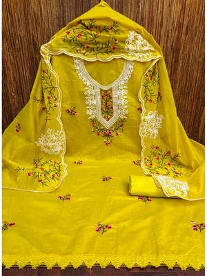 Lemon green floral embroidered chanderi cotton salwar suit material 2